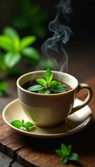 Fresh mint leaves are scattered across the surface of a steaming cup of hot black tea on a wooden table, fragrance, scent, herbal