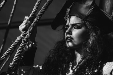 Young caucasian female pirate with long hair on ship in dramatic light