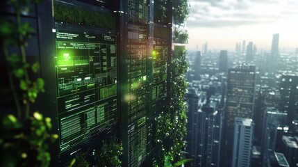 Futuristic green computing center with holographic digital screens displaying environmental data analysis and monitoring systems, promoting sustainable practices in a smart city environment
