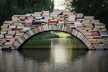 Creative bridge made of stacked books over tranquil river