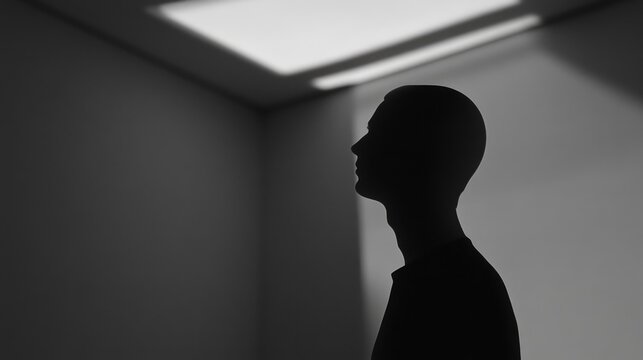 Silhouette of person in shadowy room under bright light beam