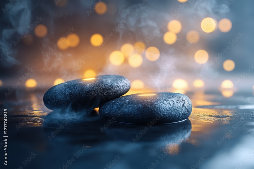 Aufkleber smooth stones on a reflective surface with soft glowing lights in the background
