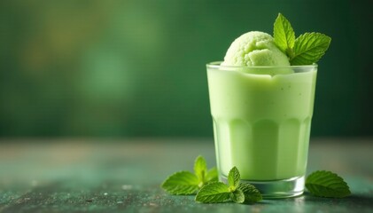 Fresh mint leaves in a glass with a creamy green tea ice cream, cold, dessert