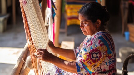 Hispanic female artisan weaving on traditional loom under sunlight