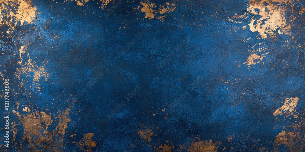 Poster textured abstract surface with a deep blue background accented by irregular golden patterns, creatin