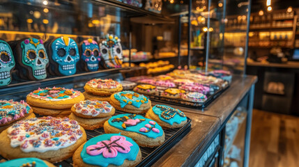 A cozy bakery with a glass display case showcasing rows of sugar skull cookies, bright icing designs in blue, pink, and yellow, with festive decorations in the background