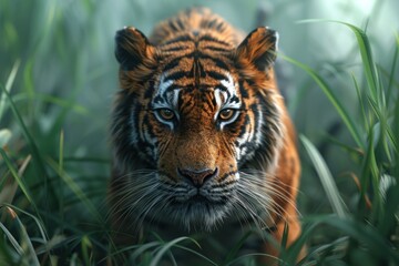 Majestic Tiger Portrait in the Lush Jungle, Close-Up