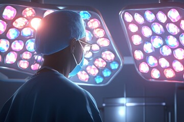 Surgeon prepares for complex operation under bright surgical lights in modern hospital