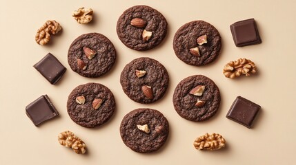A flat lay of vegan cookies with walnut halves and chocolate pieces, isolated on a warm beige background