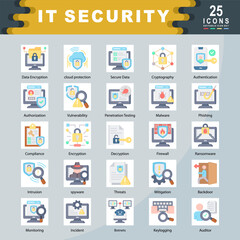 IT Security icon set containing Data Encryption, cloud protection, Secure Data, Cryptography, Authentication, Authorization, Vulnerability, Malware, Phishing, Firewall icon. Simple flat vector