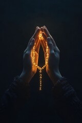 Glowing rosary held in praying hands, dark background, faith