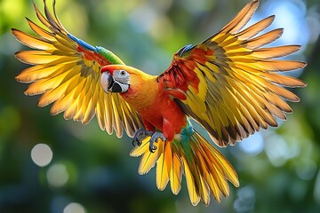 Fototapeta premium Vibrant colors of the Carolina Parakeet against a blue sky its wings spread wide in flight capturing the beauty of this lost species