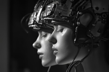 Futuristic faces with advanced technology headsets in a dark setting