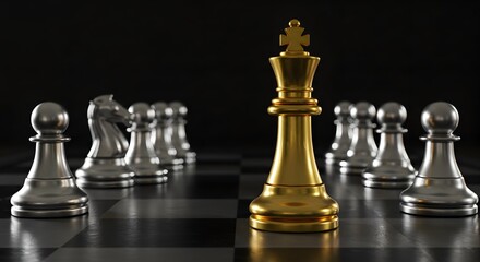 Golden Chess King Standing Among Chess Pieces: Leadership, Courage, and Business Strategy Concept