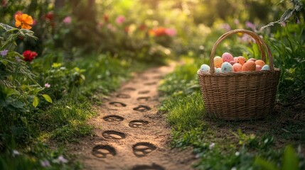 A colorful basket filled with decorated eggs rests on the ground beside a winding path, symbolizing the joy of Easter celebrations.
