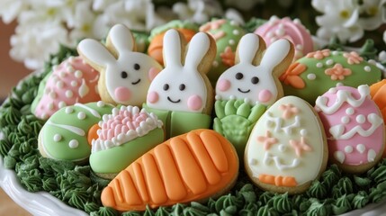 Obraz premium A bowl filled with colorful decorated cookies perfect for celebrating Easter festivities.