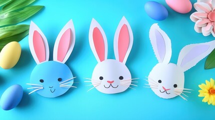 Obraz premium Three colorful paper Easter bunnies with long ears are lined up in a festive display.