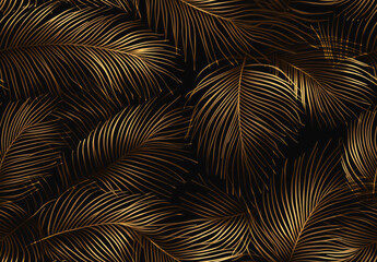 Obraz premium Golden tropical palm leaves seamless pattern on black background