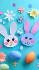 Obraz premium Two cute paper bunnies with faces and flowers sit against a vibrant blue background, capturing the essence of Easter celebration.