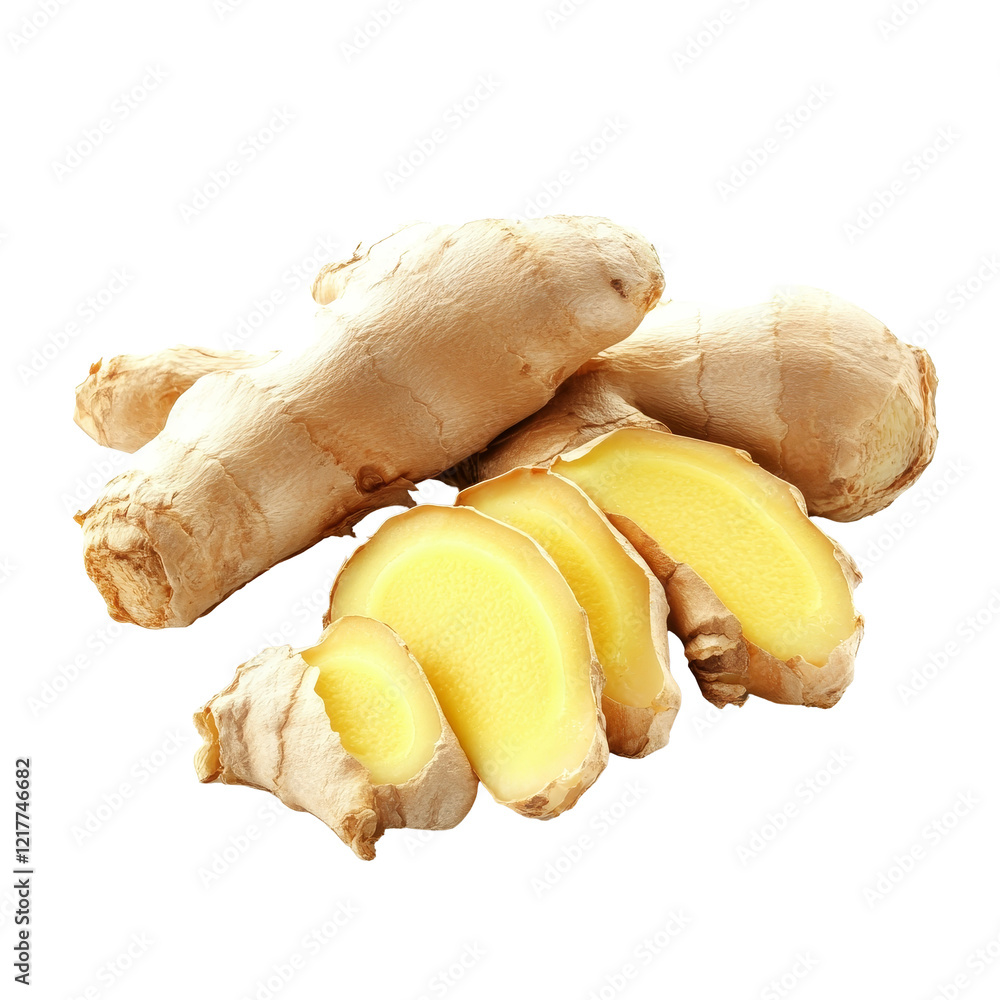 Poster fresh ginger root and slices displayed on transparent background for culinary use and health benefit