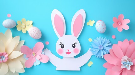 Obraz premium A cute paper bunny adorned with a flower, symbolizing the joy and renewal of Easter celebrations.
