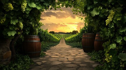 Fototapeta premium Vineyard pathway at sunset with wine barrels and lush grapevines creating a serene ambiance