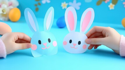 Obraz premium A person holds a paper bunny next to another paper bunny on a table, celebrating the Easter spirit.