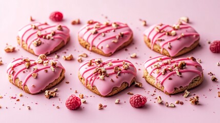Fototapeta premium Heart-shaped vegan cookies with a drizzle of raspberry glaze and crushed walnuts, isolated on soft pink