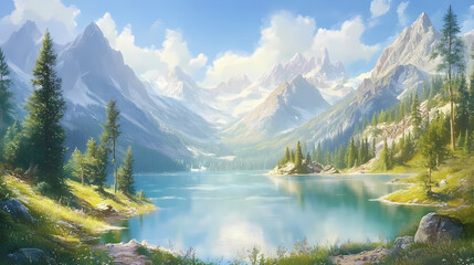 A serene mountain lake sparkles in the sunlight, its surface reflecting the surrounding peaks and valleys, peaceful scene, day light. Sparkling Lake. Illustration