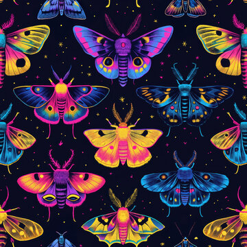 Vivid neon moths seamless pattern with colorful wings