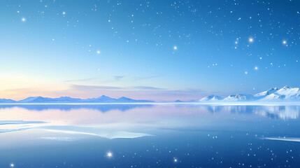 A serene winter landscape with a tranquil frozen lake reflecting a breathtaking sunrise and sparkling stars in the clear blue sky. Sparkling Lake. Illustration