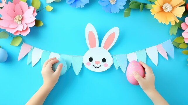 A person crafts a festive bunny bunt using colorful paper flowers and decorated paper eggs for Easter celebrations.
