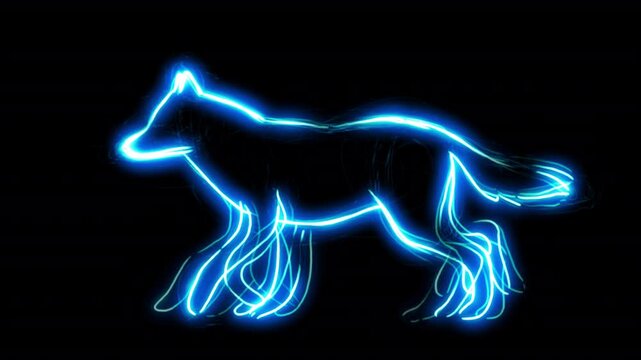 Neon glowing animated wolf running cycle. Scribble doodle hand drawn animation on a transparent alpha channel.