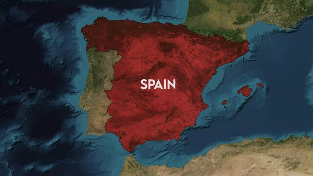 Zoom from Earth to Spain. World map animation with country borders, Images from NASA