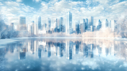 Fototapeta premium Frozen cityscape with skyscrapers reflected in ice. Sparkling Lake. Illustration