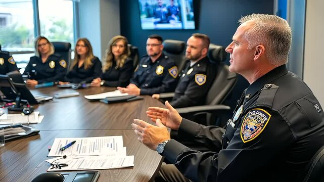 Lead detective presenting case summary in modern conference room, illustrating criminal investigation, law enforcement strategy, forensic analysis, teamwork and professional briefing.