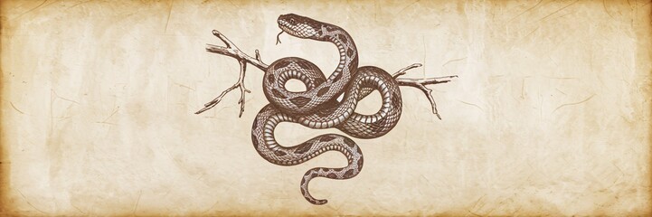 Vintage illustration of a snake coiled around a branch on parchment background.