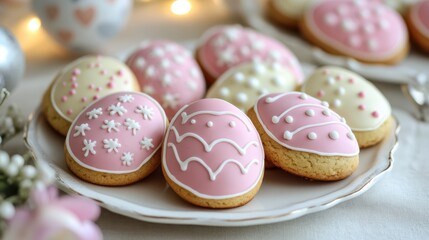 Fototapeta premium A colorful assortment of Easter-themed cookies displayed on a decorative plate for a festive celebration.