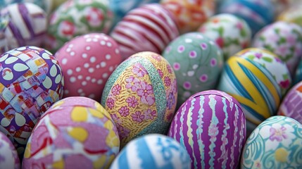 Obraz premium A vibrant collection of intricately painted Easter eggs stacked together in a close-up view.
