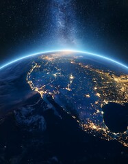 Obraz premium Glowing cities illuminate the dark side of Earth from the vastness of space. Generative AI