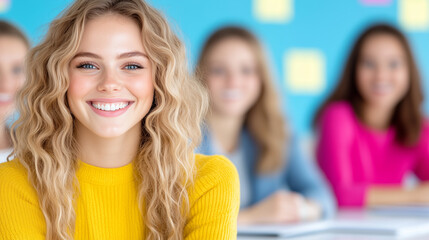 Obraz premium A smiling young woman with wavy blonde hair in a bright yellow sweater, sitting in a classroom. In the background, three other girls are blurred, creating a cheerful and engaging atmosphere.