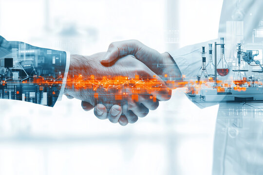 double exposure of handshake between business professional and scientist, symbolizing collaboration in research and innovation. background features laboratory equipment and data visualization