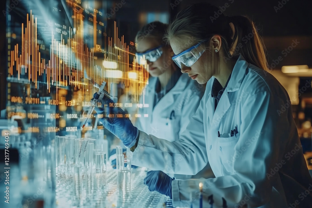 Poster double exposure of team of scientists working in laboratory, analyzing data and conducting experimen