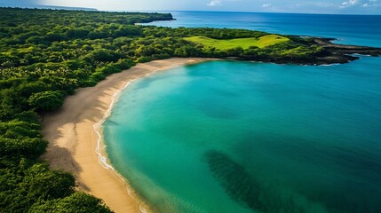 Obraz premium Beautiful aerial perspective of a tropical island beach with a heart shape surrounded by calm turquoise waters and lush greenery ideal for romance