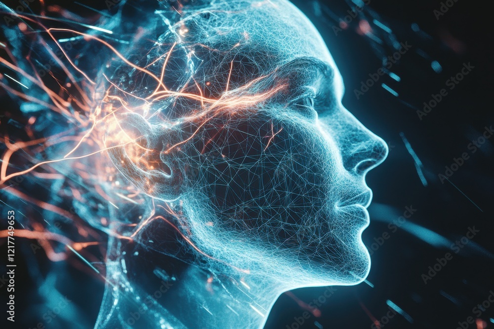 Aufkleber abstract digital head filled with neural patterns and glowing connections