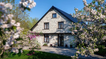 Fototapeta premium Stone house, spring blossoms, garden, sunny day, real estate