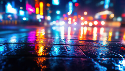 Vivid Reflection of City Lights on Rainy Evening Street Scene