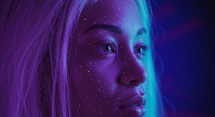 Female portrait with glowing skin and starry texture symbolizing futuristic beauty and cosmic connection in vibrant neon lighting