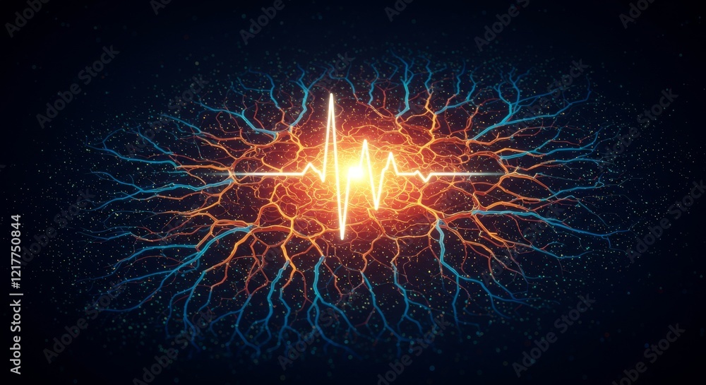 Poster vivid neural network and heartbeat graph in a glowing artistic design symbolizing connectivity, brai