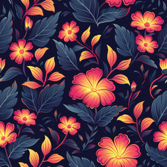 Fototapeta premium Seamless floral pattern with vibrant fire tones flowers on deep blue elegant background